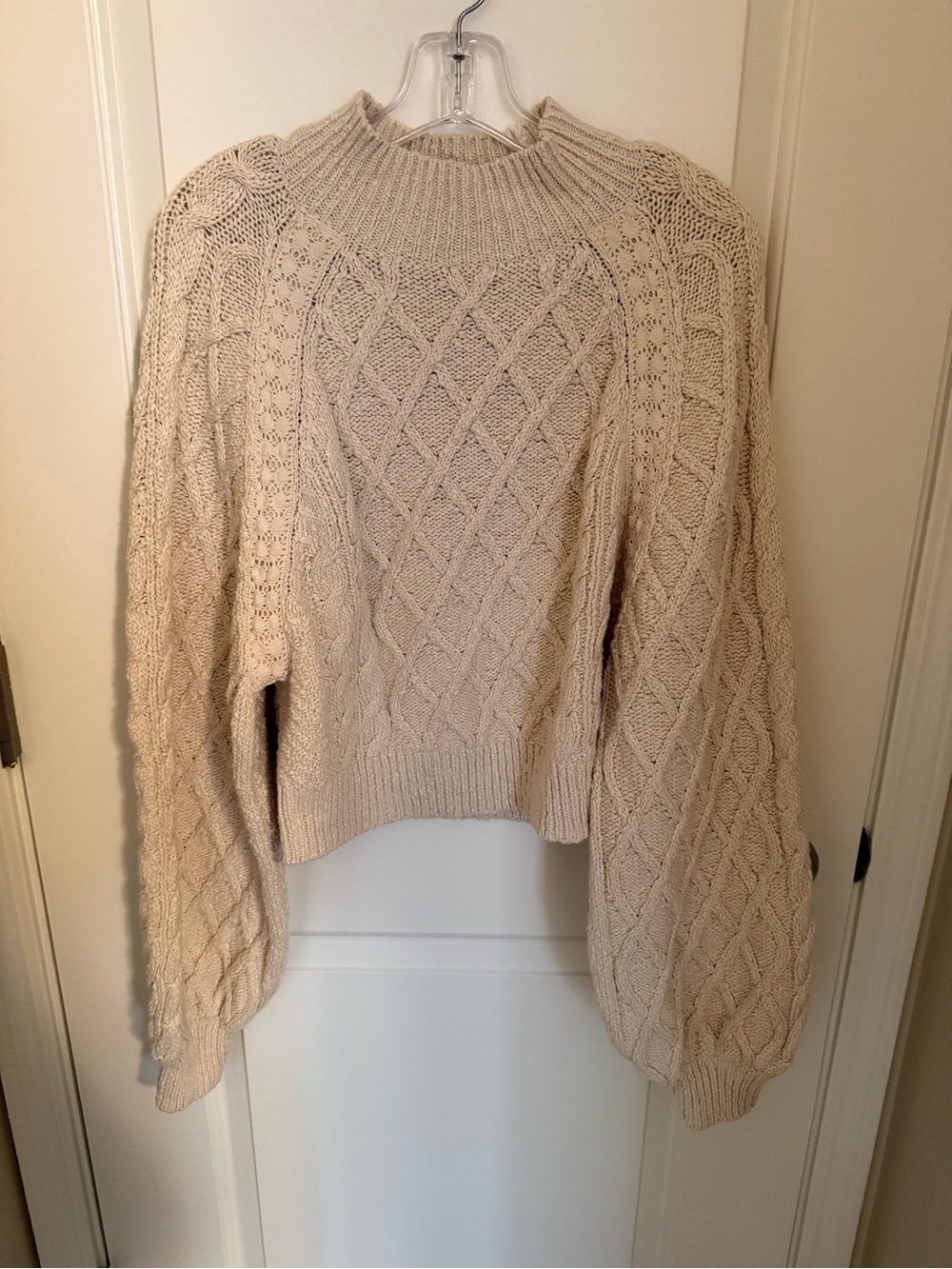 Free People Cream Cable Knit Balloon Sleeve Sweater